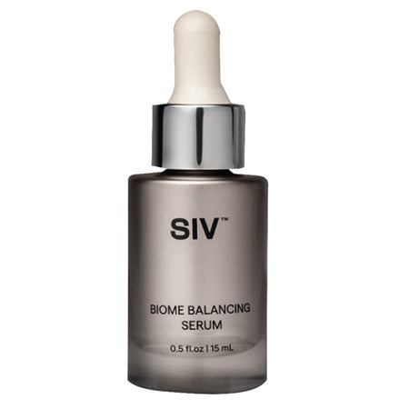 SIV Biome Balancing Serum 15mL bottle with dropper cap, designed to support skin microbiome health using a spore-based skincare formula.