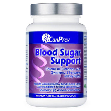 CanPrev Blood Sugar Support Vitamin bottle with 120 vegetable capsules for maintaining glucose levels. Supports healthy blood sugar metabolism.