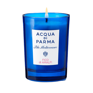 Blu Mediterraneo Fico Candle by Acqua Di Parma in a vibrant blue glass jar. Fig tree candle with fresh lemon and pepper scent for home ambiance.