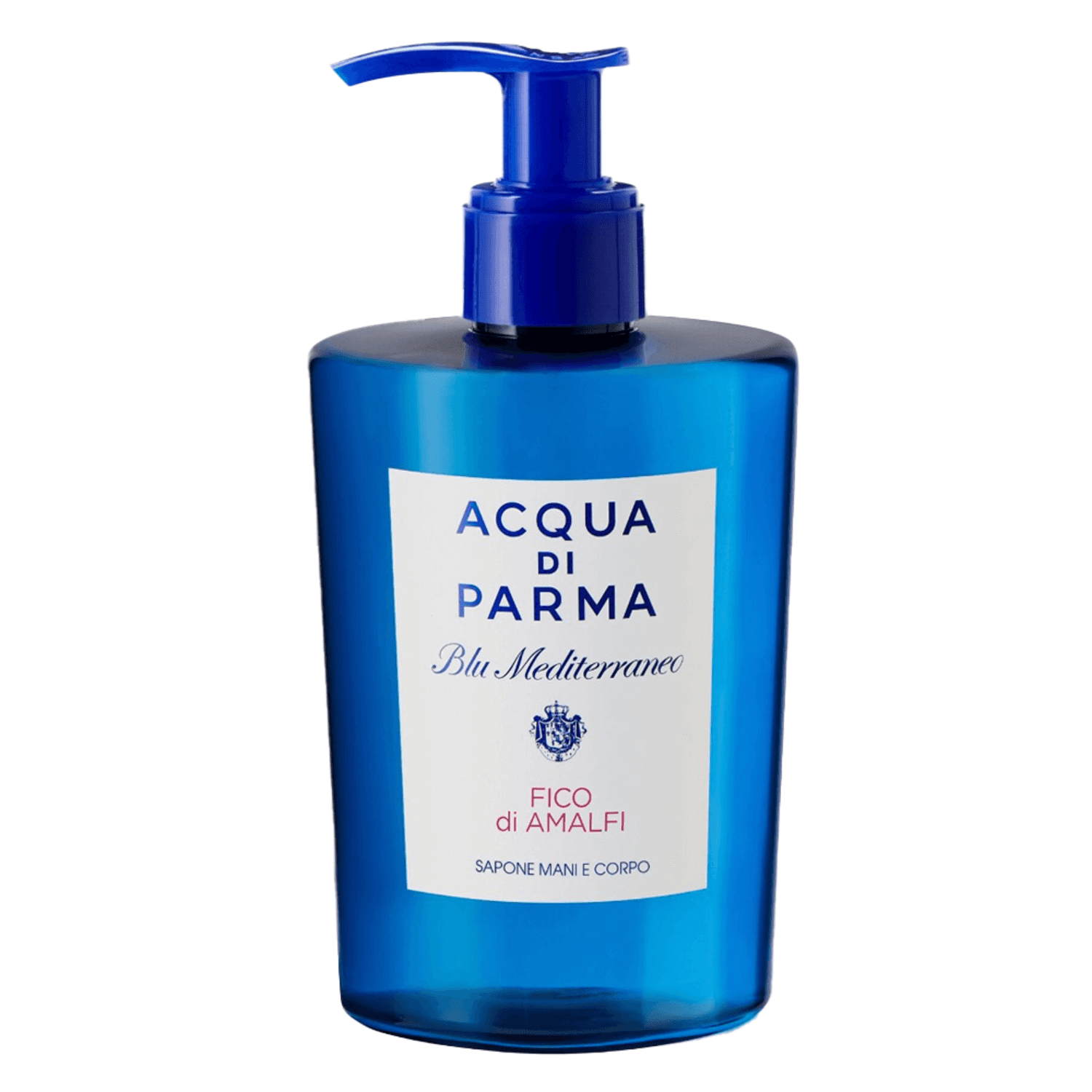 Unisex Acqua Di Parma Fico Di Amalfi Hand and Body Wash with citrus and fig notes. Premium body wash in vibrant blue packaging.