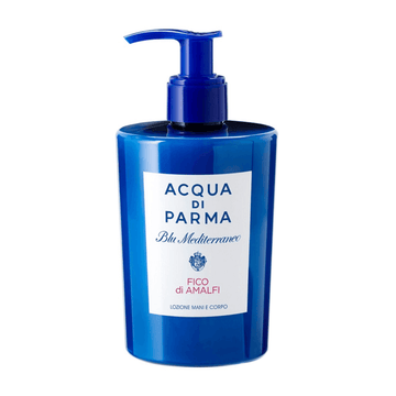 Fico Di Amalfi Hand & Body Lotion by Acqua Di Parma in a sleek blue pump bottle. Luxurious bath and body moisturiser for daily hydration.