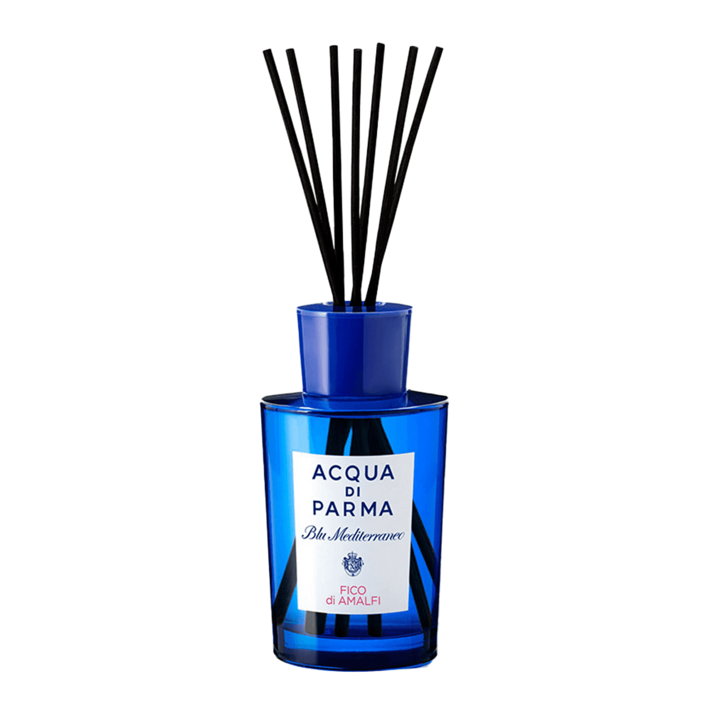 Acqua Di Parma Room Diffuser - Blu Mediterraneo scent in a sleek blue glass bottle with black reeds, ideal for home fragrance and decor.