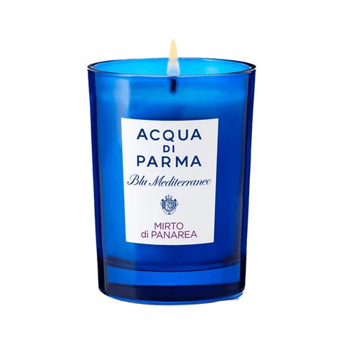 Acqua Di Parma Candle - Blu Mediterraneo in vibrant blue glass, featuring the Panarea scent with notes of lemon, juniper, and rose. Ideal for home ambiance.