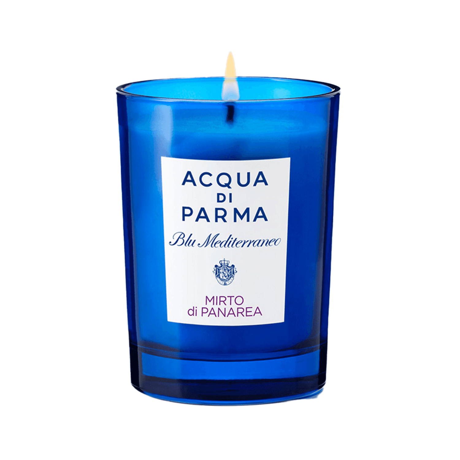 Luxury Acqua Di Parma Blu Mediterraneo Mirto Di Panarea Candle in blue jar, perfect for adding Mediterranean fragrance to home decor and relaxation spaces.