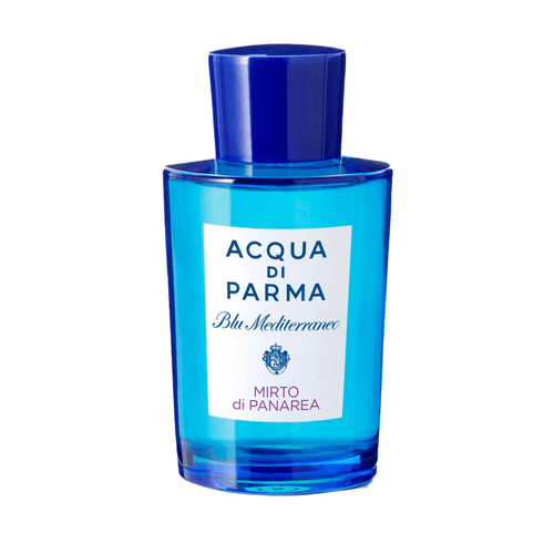 Acqua Di Parma Blu Mediterraneo Mirto di Panarea EDT men's fragrance in a sleek blue bottle, evoking fresh Mediterranean citrus notes.