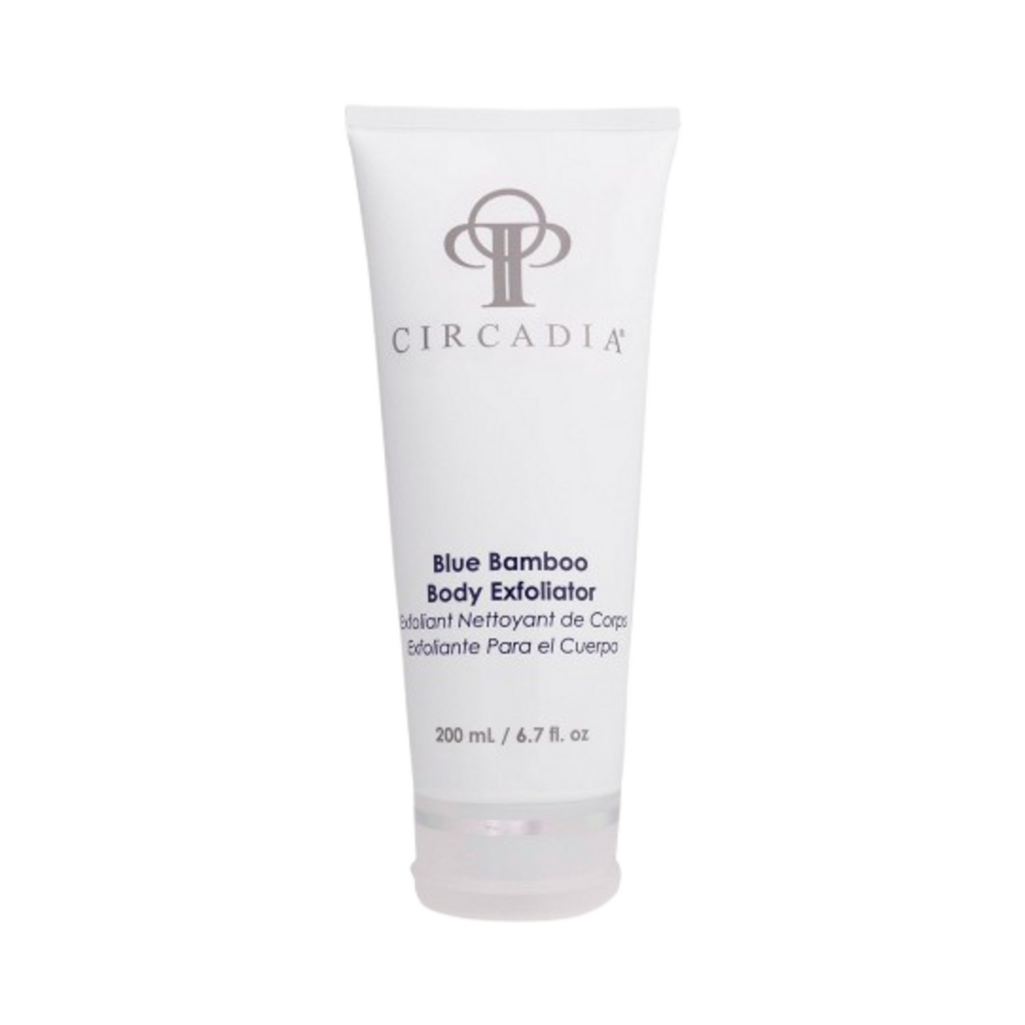 Circadia Blue Bamboo Body Exfoliator in a 200 ml tube, ideal for gentle exfoliation and radiant skin in daily shower routines.