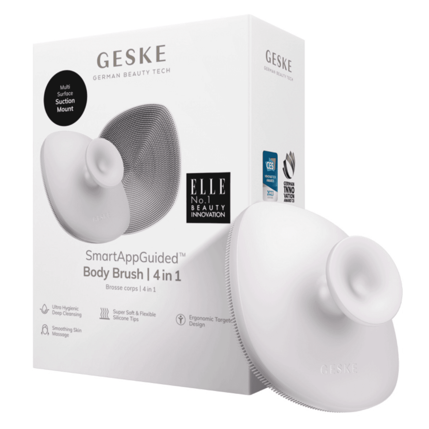 Geske Body Brush 4 in 1 white edition in retail packaging, highlighting smart app guidance and multi-surface suction mount for enhanced skincare use.