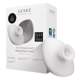 Geske Body Brush 4 in 1 white edition in retail packaging, highlighting smart app guidance and multi-surface suction mount for enhanced skincare use.