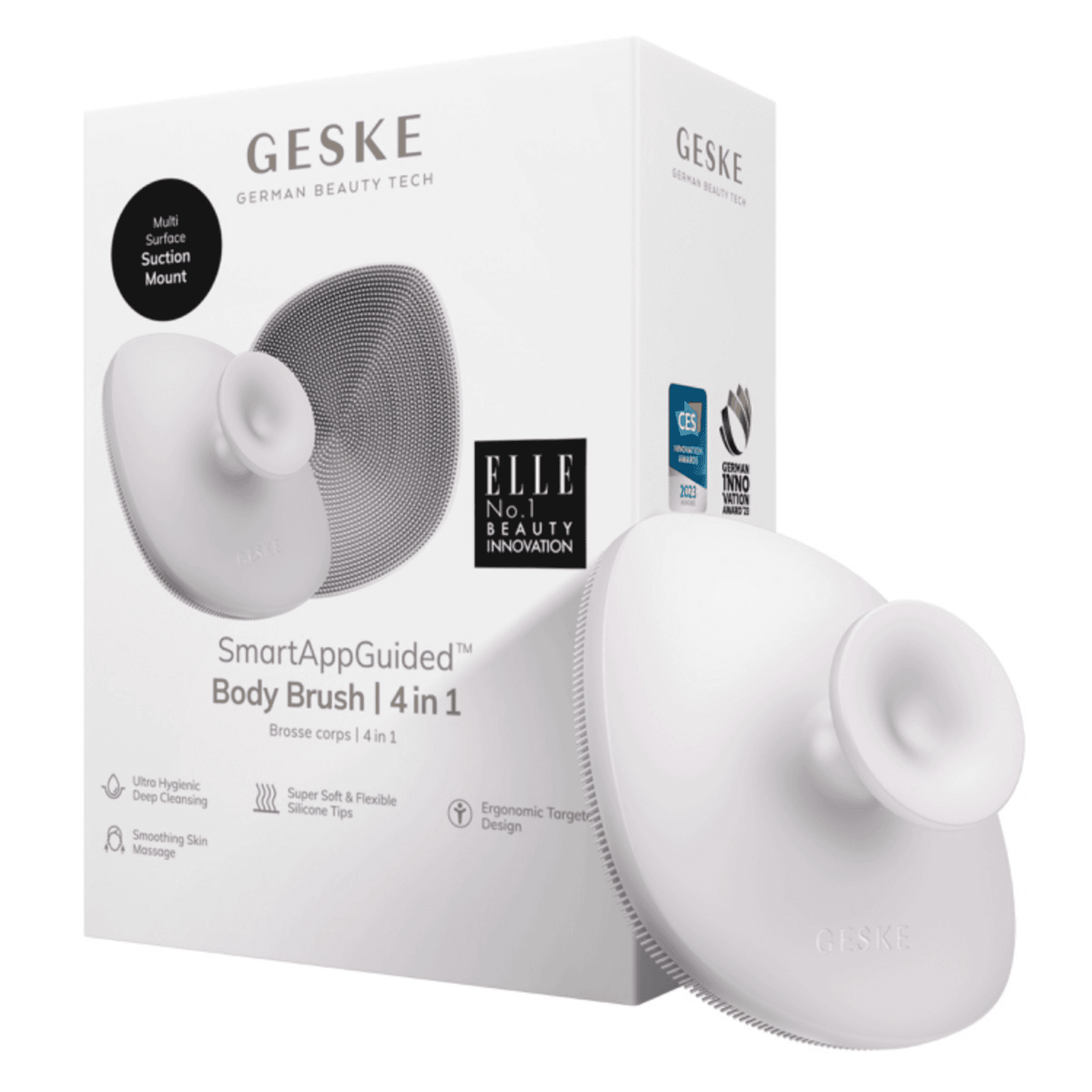 Geske Body Brush 4 in 1 white edition in retail packaging, highlighting smart app guidance and multi-surface suction mount for enhanced skincare use.