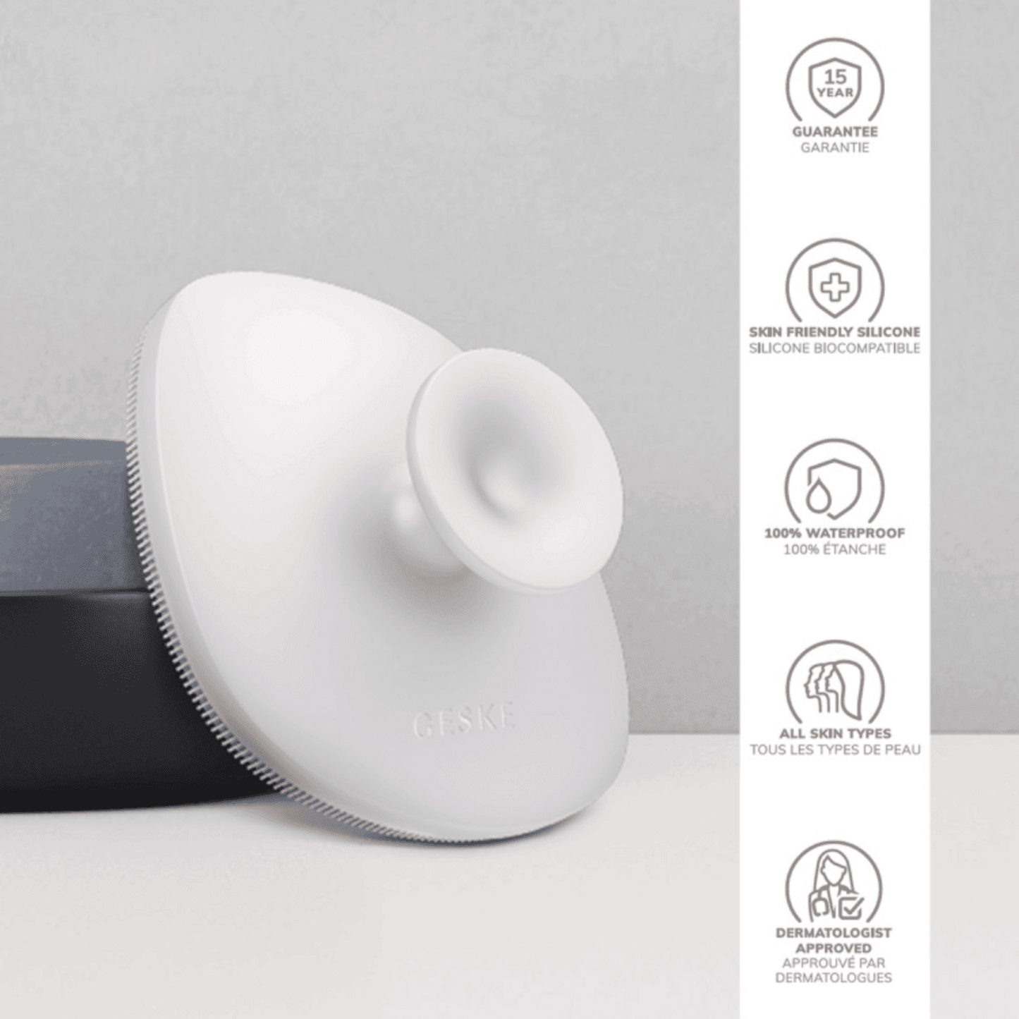 White Geske Body Brush 4 in 1 displayed with icons showing waterproof, skin-friendly silicone, and dermatologist approval for all skin types.