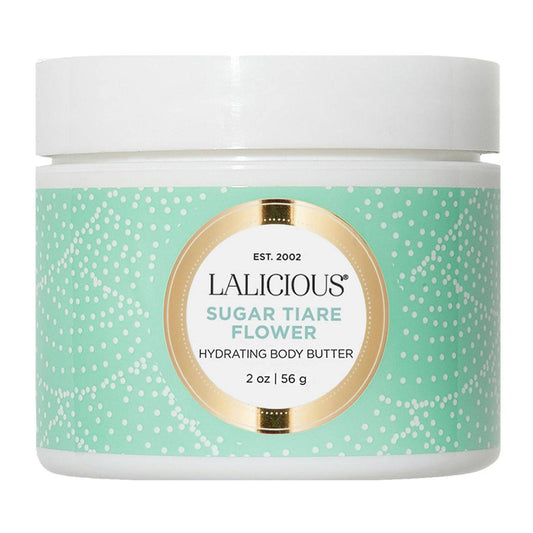 LaLicious Body Butter - Sugar Tiare Flower in 2 oz jar with mint green and gold label. Hydrating body moisturiser for soft, nourished skin.