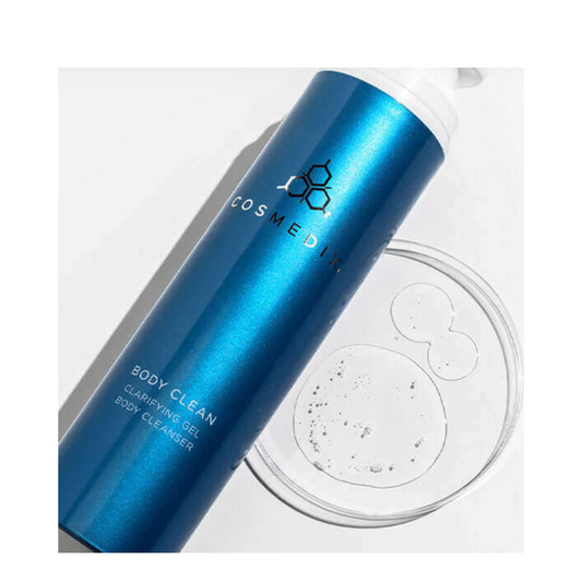 Kjøp CosMedix Body Clean Clarifying Gel Body Cleanser | eSkinCareStore. Geltekstur vist ved siden av produktflasken, ideell for daglig fuktighet og rensing av huden.