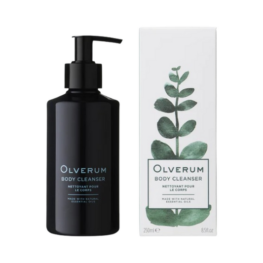 Olverum Body Cleanser 250ml med ytre emballasje med botanisk design, førsteklasses dusjgel for hudbarrierestøtte og fuktighet.