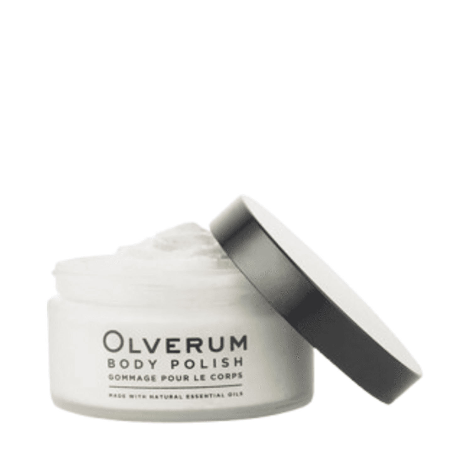 Olverum Body Polish jar held in hand against a white background. A luxurious exfoliating treatment for smooth, radiant skin.