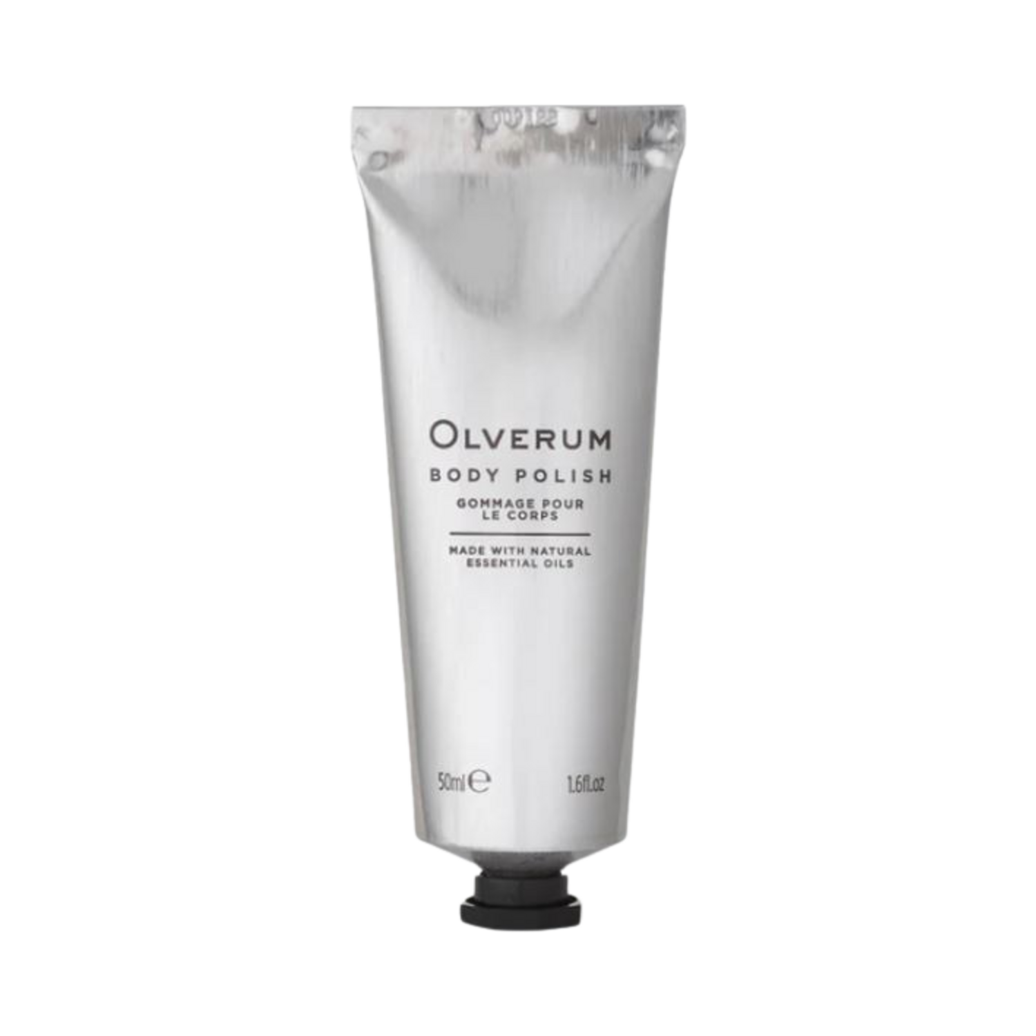 Hand squeezing Olverum Body Polish from silver tube. Lightweight exfoliating cream ideal for skin maintenance and hydration.