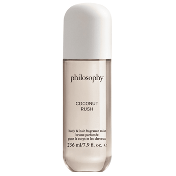 Coconut Rush Body & Hair Fragrance Mist by Philosophy in a 236ml spray bottle, ideal for refreshing scent on body and hair. Women's fragrance in health & beauty.