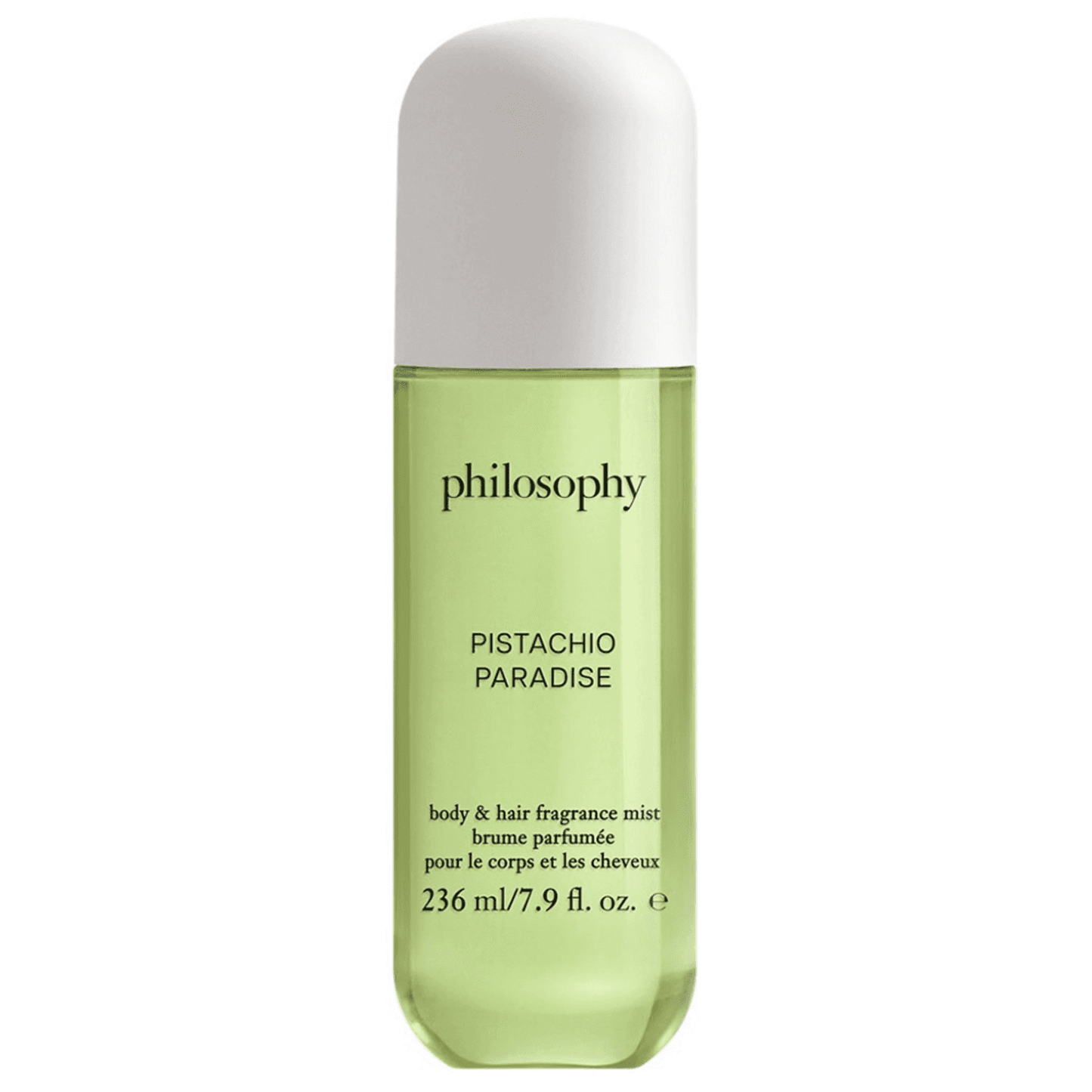 Pistachio Body Hair Fragrance Mist by Philosophy, a women's fragrance in a sleek green bottle for refreshing personal care.