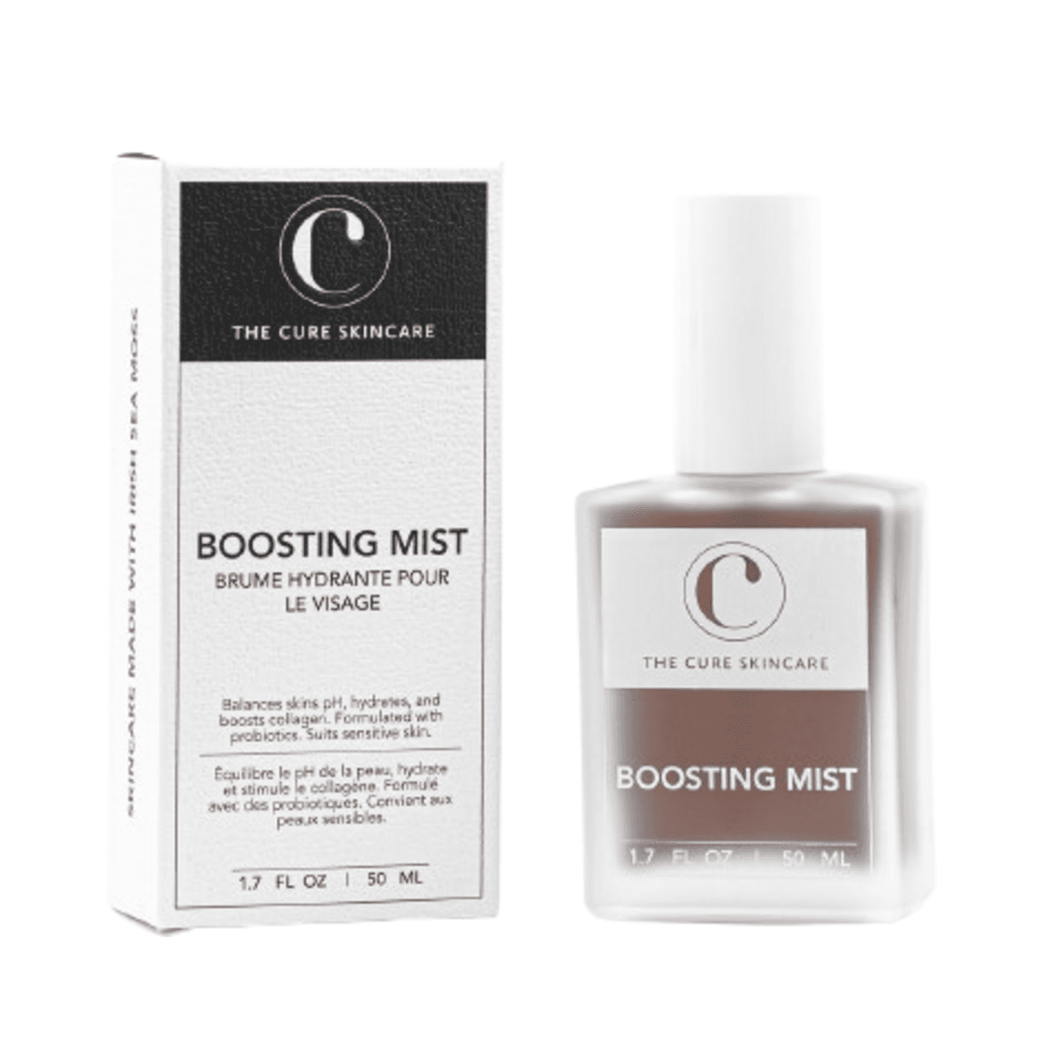 The Cure Skincare Boosting Mist with packaging box. Hydrating face mist supports collagen and balances skin pH for healthy glow.