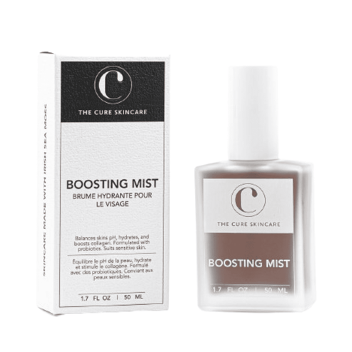 The Cure Skincare Boosting Mist with packaging box. Hydrating face mist supports collagen and balances skin pH for healthy glow.