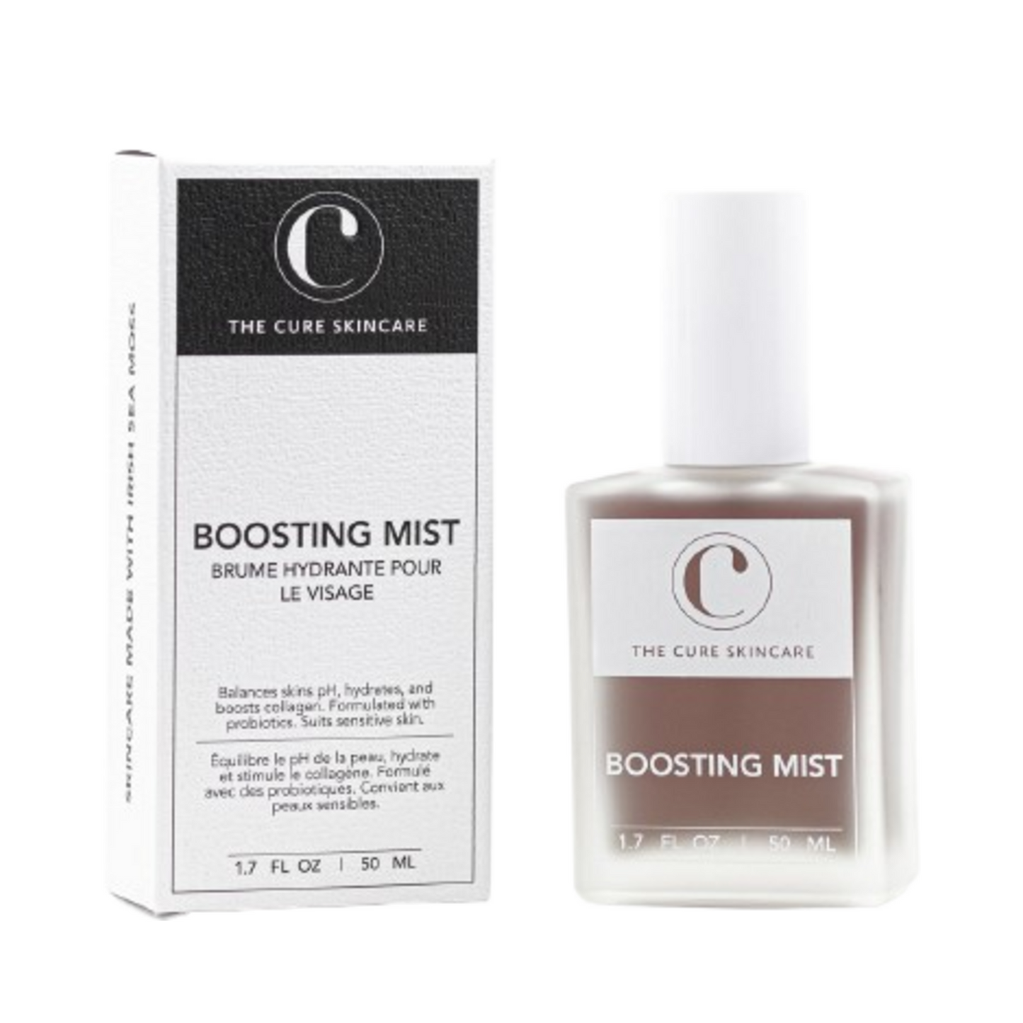 The Cure Boosting Mist with product box. Hydrating skincare mist formulated with probiotics for soothing and nourishing the skin.