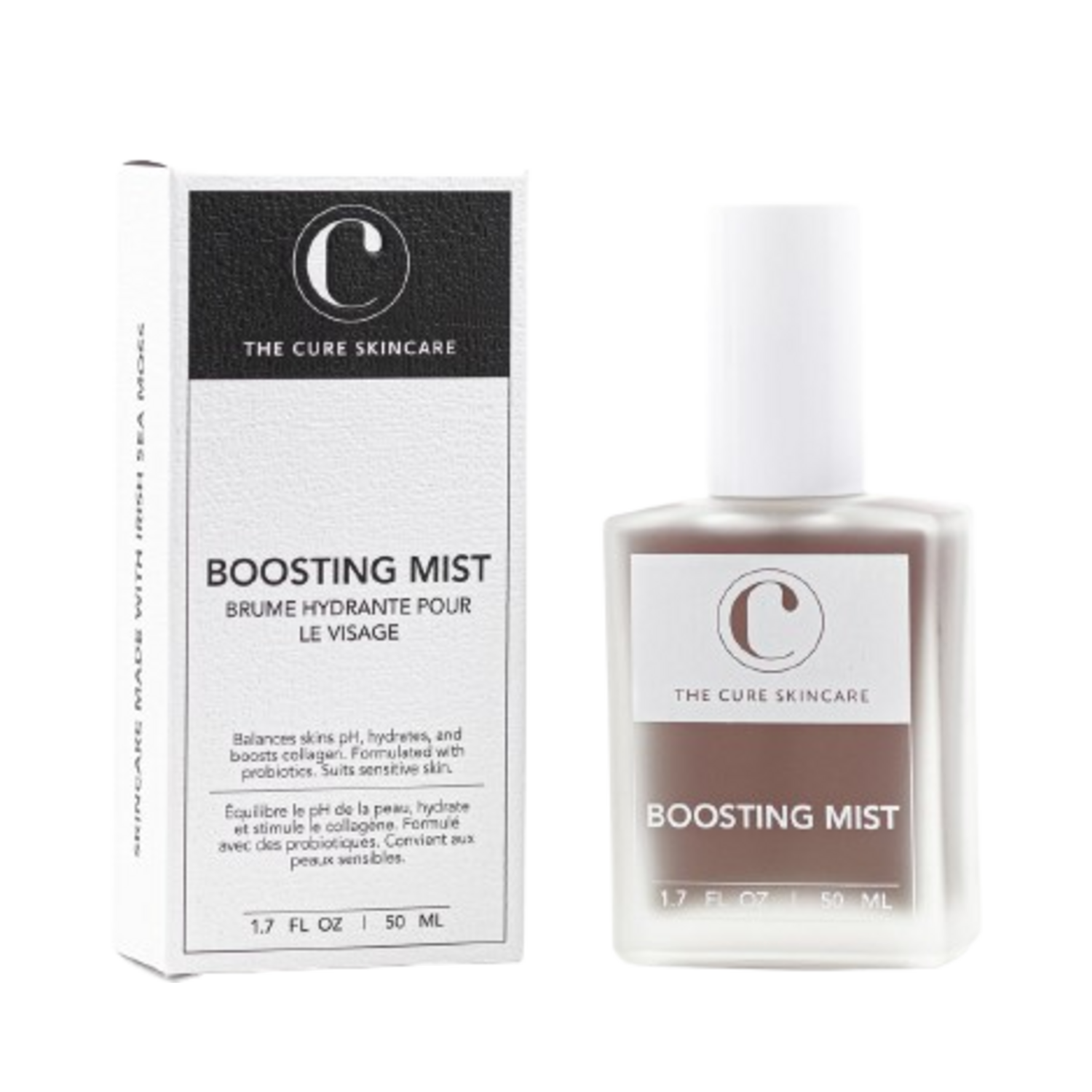The Cure Boosting Mist with product box. Hydrating skincare mist formulated with probiotics for soothing and nourishing the skin.