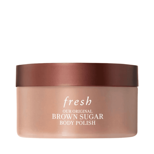 Fresh Brown Sugar Body Polish Exfoliator in a sleek jar with a brown lid, ideal for hydrating and smoothing dry skin in body care routines.