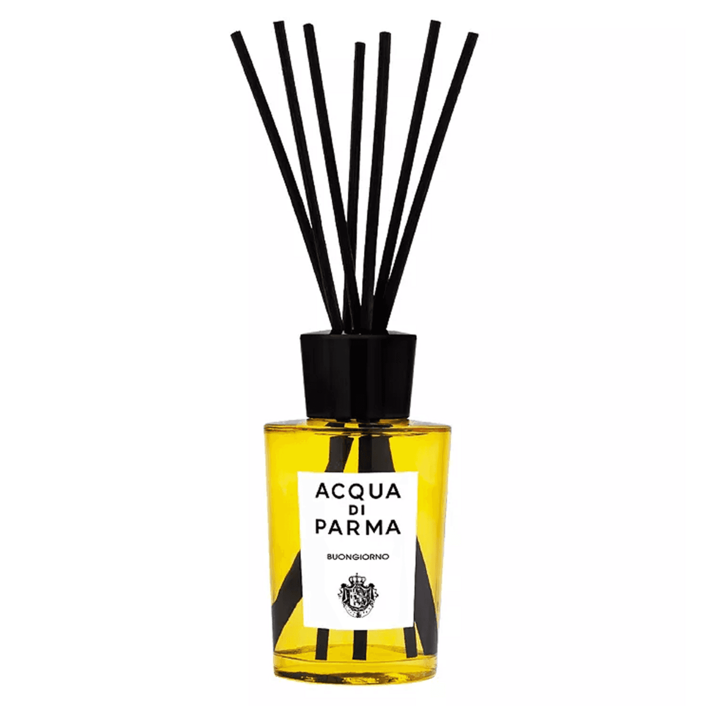 Buongiorno Room Diffuser by Acqua Di Parma in luxury yellow bottle. Ideal for infusing fresh scents into home decor settings.