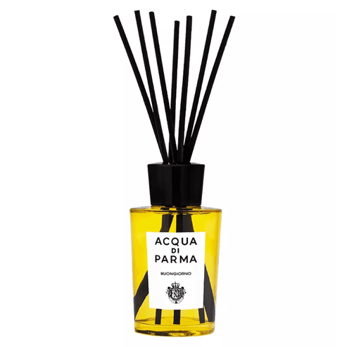 Buongiorno Room Diffuser by Acqua Di Parma in luxury yellow bottle. Ideal for infusing fresh scents into home decor settings.