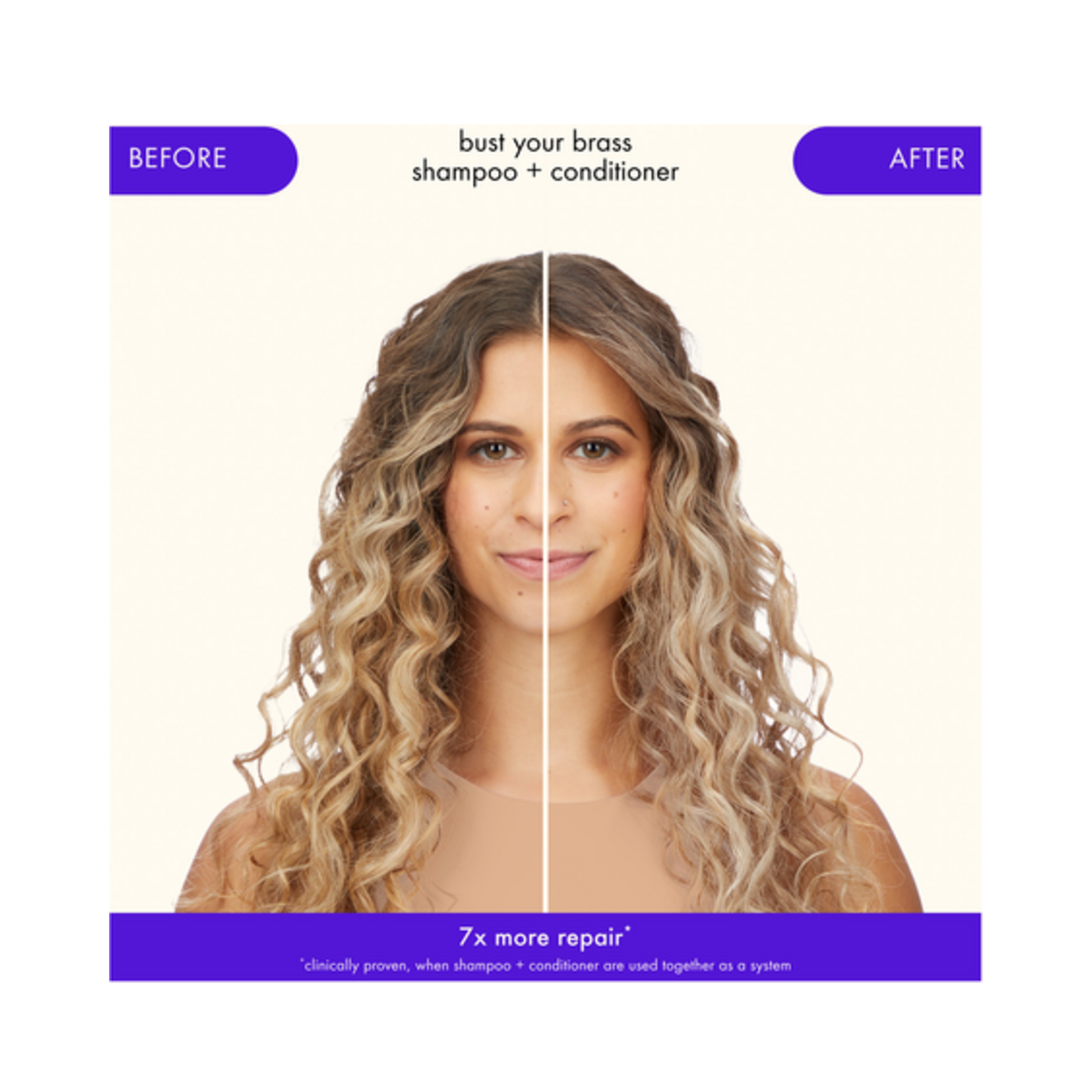 Before and after comparison using Amika Cool Blonde Repair Shampoo and Conditioner, showing toned, healthier blonde curls with reduced brassiness.