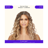 Before and after comparison using Amika Cool Blonde Repair Shampoo and Conditioner, showing toned, healthier blonde curls with reduced brassiness.