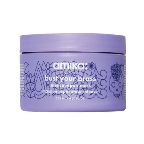 Amika Bust Your Brass Intense Repair Mask 250 ml jar in lavender packaging, designed for intense hydration and brass-neutralizing care.