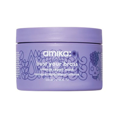 Amika Bust Your Brass Intense Repair Mask 250 ml jar in lavender packaging, designed for intense hydration and brass-neutralizing care.