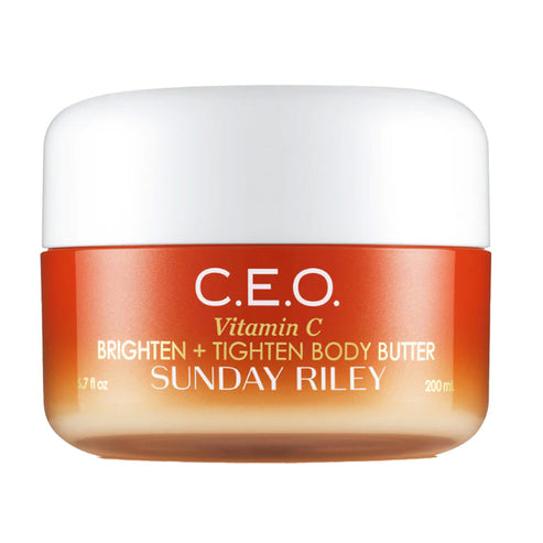 Brighten + Tighten Body Butter by Sunday Riley, featuring Vitamin C for luminous, firm skin. 200ml body moisturiser for dry skin care.