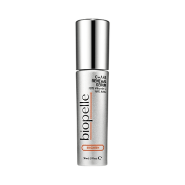 Biopelle C+AHA Renewal Serum in sleek silver bottle with 10% Vitamin C and 10% AHA for exfoliating and brightening skin tone. Ideal for all skin types.