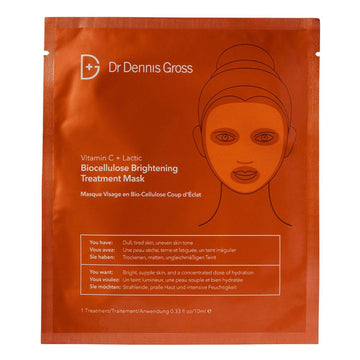 Dr Dennis Gross Vitamin C + Lactic Biocellulose Brightening Treatment Mask in orange packaging. Boost radiance and reduce redness with this face mask.