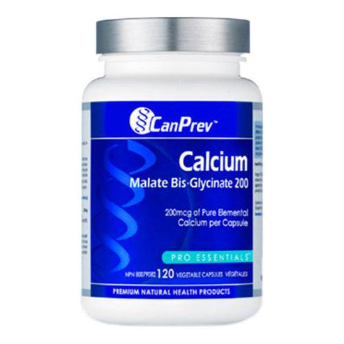 Front label of CanPrev Calcium Malate Bis-Glycinate 200 supplement, promoting strong bones and teeth in a Pro Essentials formula.