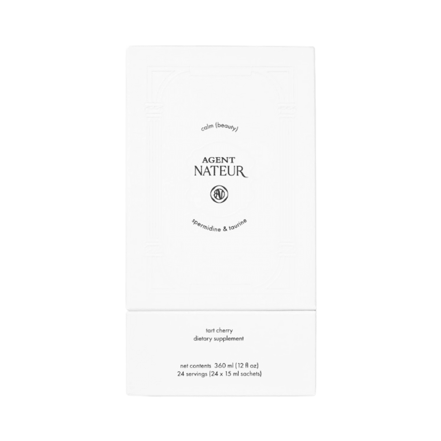 Front packaging of Agent Nateur Calm Supplement featuring spermidine and taurine for beauty rest and muscle relaxation. 24 tart cherry servings.