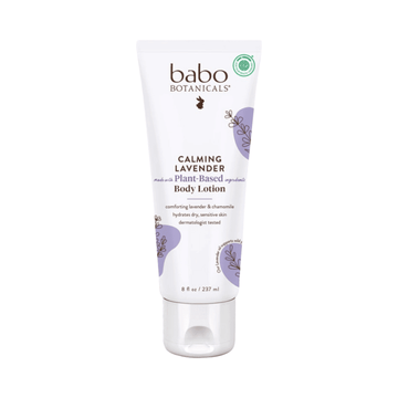 Babo Botanicals Calming Baby Lotion with lavender and chamomile in an 8 oz tube. Gentle plant-based formula for soothing baby's sensitive skin.