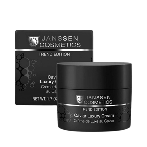 Janssen Caviar Luxury Cream shown with retail box, luxury face moisturizer targeting wrinkles and mature skin with yeast extract and caviar.