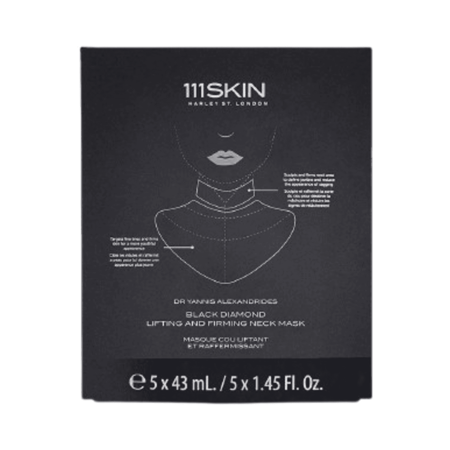 Box of 111SKIN Black Diamond Neck Mask with 5 treatments. Firming and sculpting solution for aging neck skin in luxury skincare.