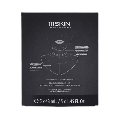 Box of 111SKIN Black Diamond Neck Mask with 5 treatments. Firming and sculpting solution for aging neck skin in luxury skincare.