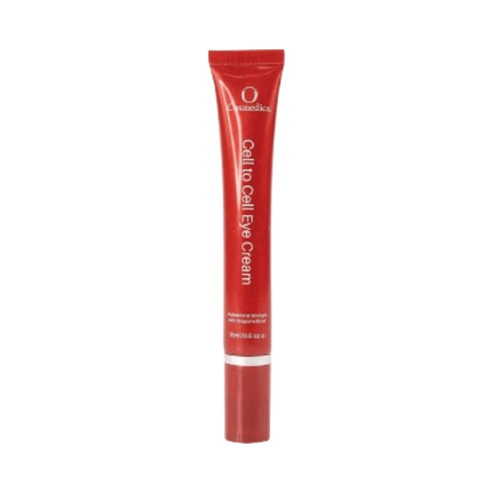 O Cosmedics Cell To Cell Eye Cream in red tube packaging, a collagen boost eye cream for youthful eyes targeting fine lines and puffiness.