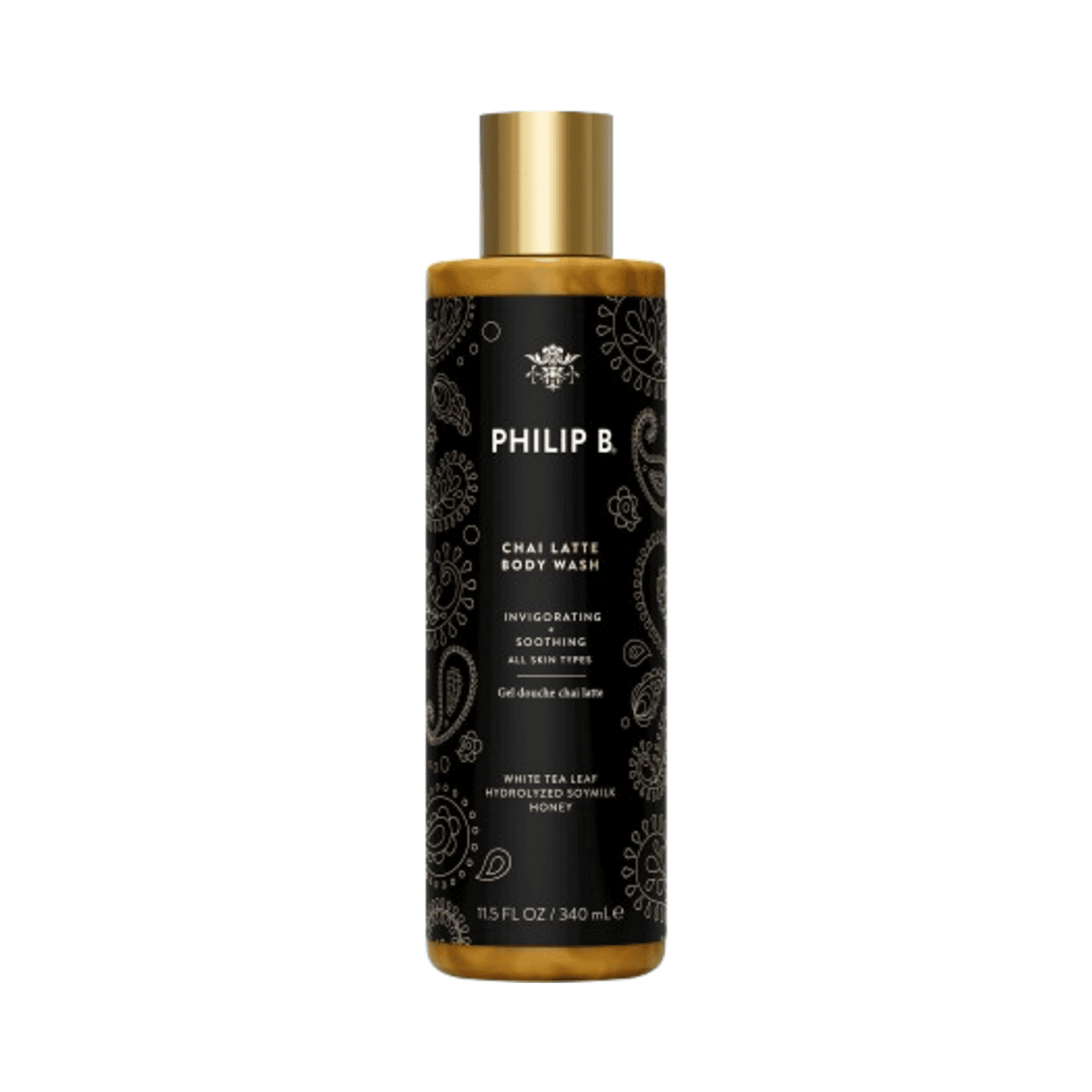 Philip B Body Wash - Botanical Chai in black and gold 340ml bottle, infused with white tea and shea butter for smooth, hydrated skin.