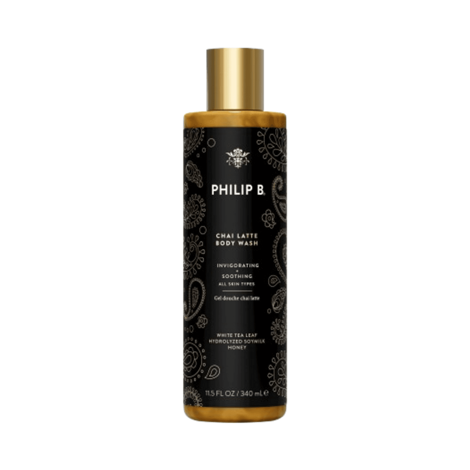 Philip B Body Wash - Botanical Chai in black and gold 340ml bottle, infused with white tea and shea butter for smooth, hydrated skin.