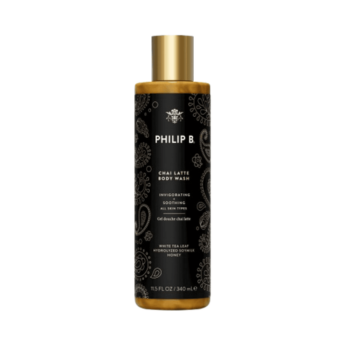 Philip B Body Wash - Botanical Chai in black and gold 340ml bottle, infused with white tea and shea butter for smooth, hydrated skin.