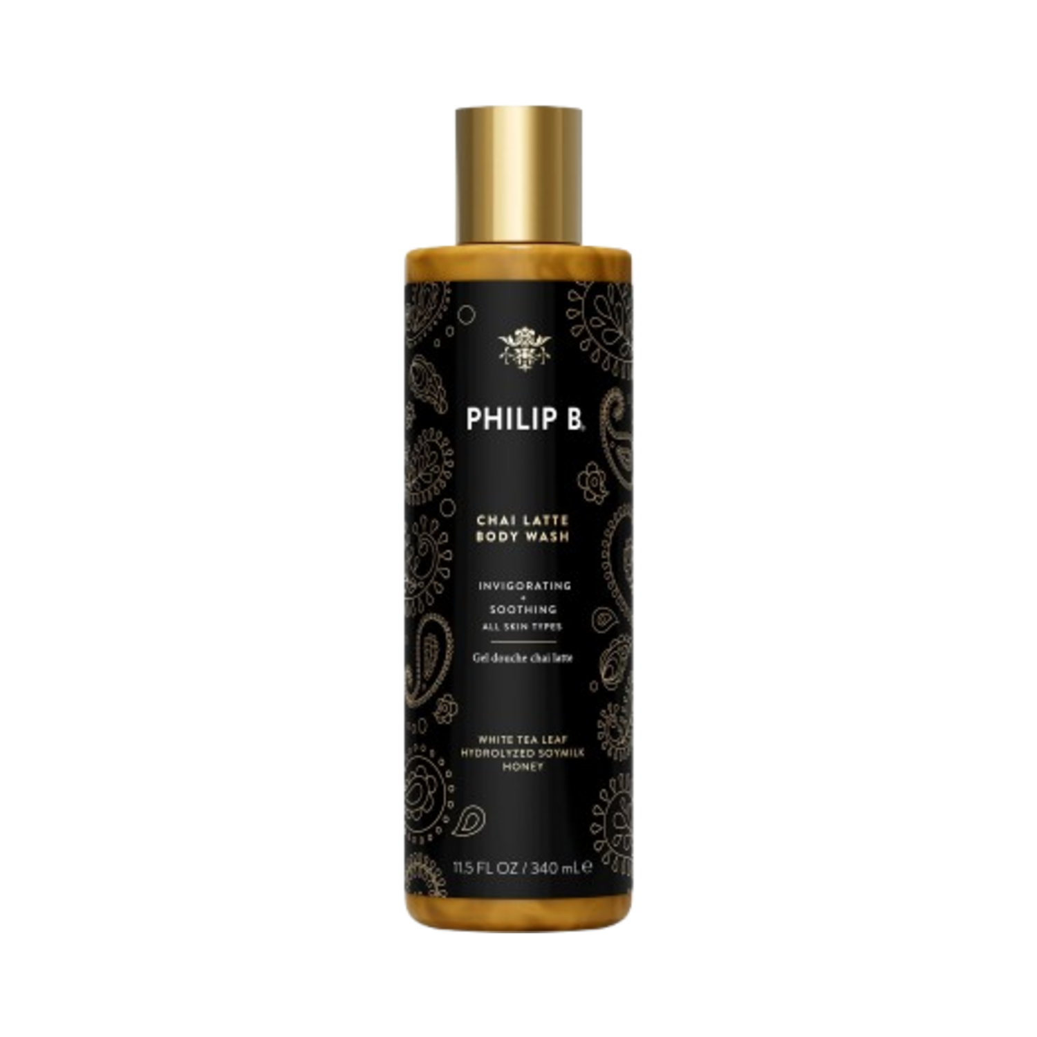 Philip B Botanical Chai Latte Body Wash in elegant black packaging with gold accents, ideal for luxurious bath and body care routines.
