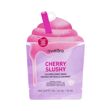 Cherry Slushy Kids Face Mask by Avatara in a pink slushy-themed pouch, designed for calming and hydrating young skin with superfruit extracts.