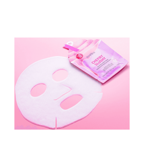 Unfolded Cherry Slushy Kids Face Mask by Avatara on a pink background, showing the full sheet mask next to its slushy-themed packaging.