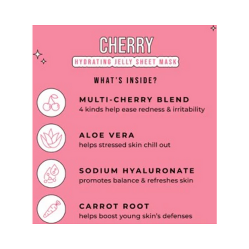 Ingredients list for Cherry Slushy Kids Face Mask by Avatara highlighting multi-cherry blend, aloe vera, sodium hyaluronate, and carrot root.