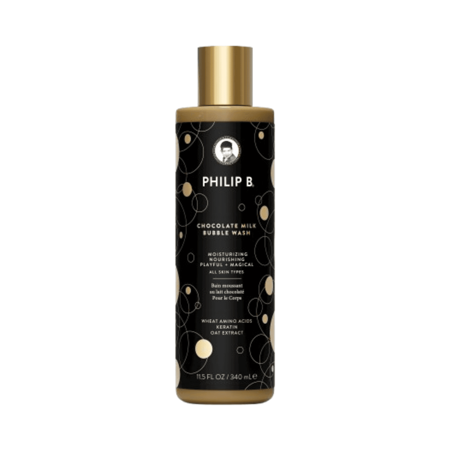 Philip B Bubble Wash - Botanical Chocolate in 340ml bottle with gold accents, ideal for moisturizing and cleansing all skin types.